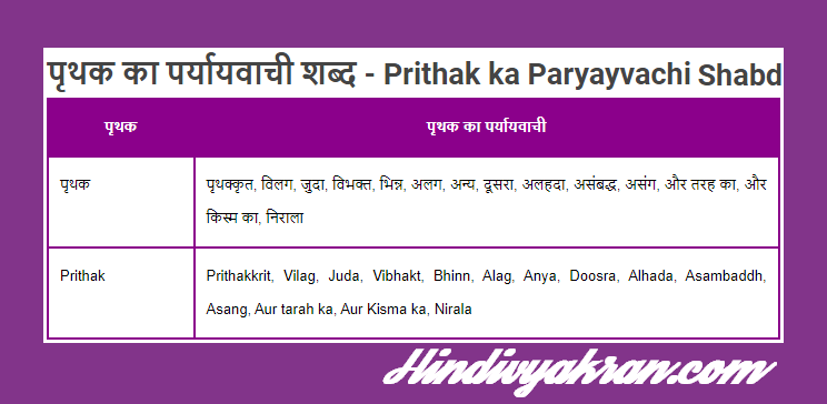 पृथक का पर्यायवाची शब्द - Prithak ka Paryayvachi Shabd