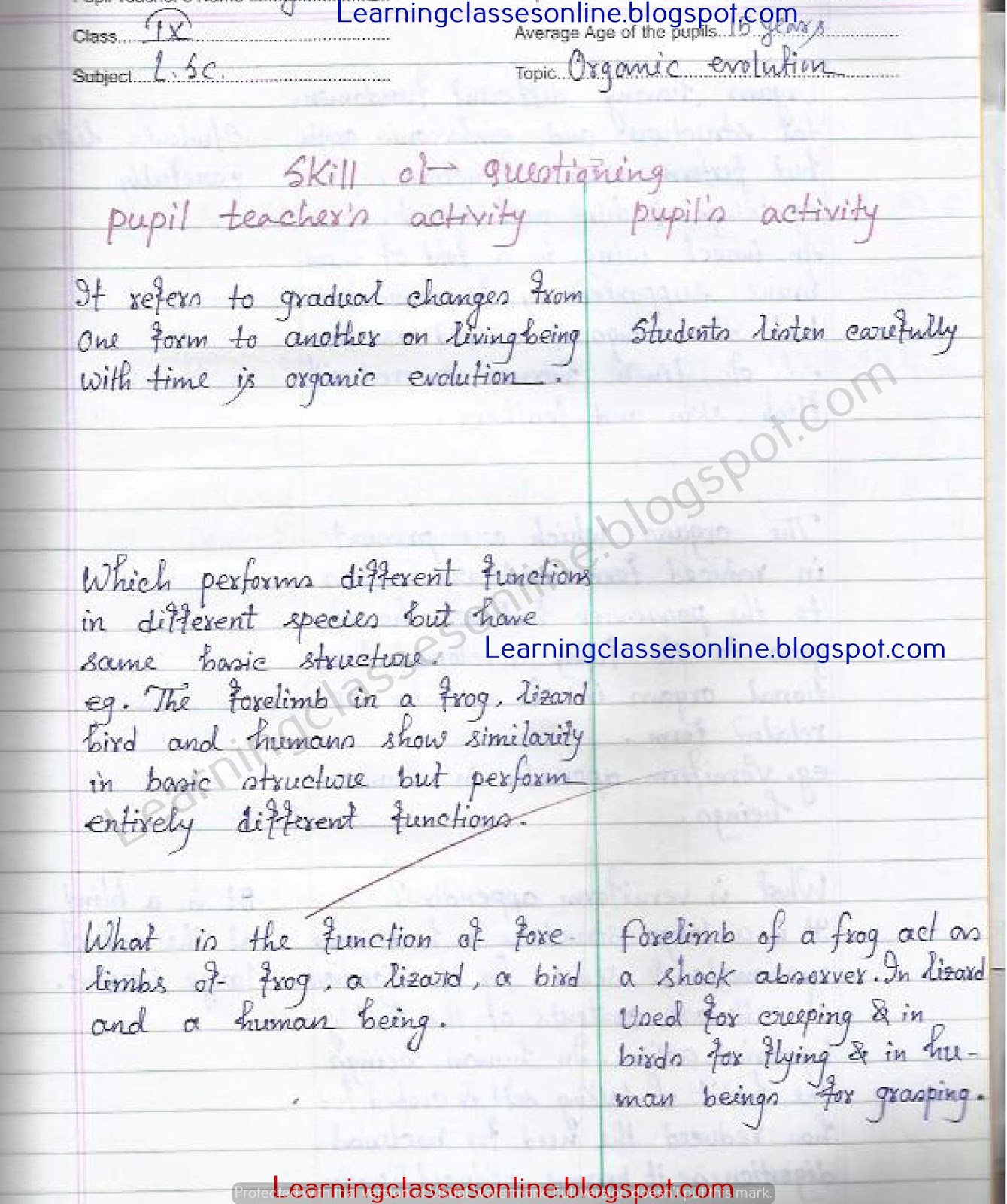 life science or biological science B.Ed lesson plan for year 1 and 2 teching on organic evolution and the skill used is questioning