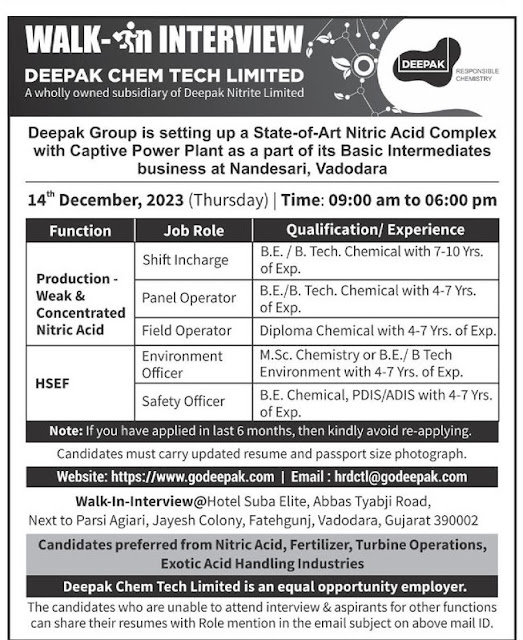 Deepak Chem Tech | Walk-in interview for Production & HSEF on 14th Dec 2023