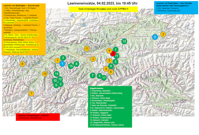 Überblick über die von der Leitstelle Tirol am 04.02.2023 gemeldeten Lawinenabgänge in Tirol. Gestern am 03.02. waren es zusätzliche 10 Lawinenabgänge. (c) Landeswarnzentrale Tirol