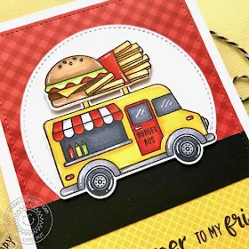 Sunny Studio Stamps: Cruisin' Cuisine Frilly Frame Dies Stitched Semi-Circle Dies Punny Card by Lynn Put