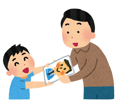 お父さんに似顔絵をあげる子供のイラスト（父の日）