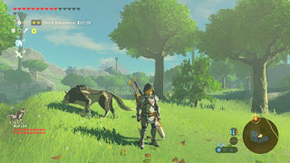 Link in the Knight's Armor with Wolf Link at his side on a grassy hill