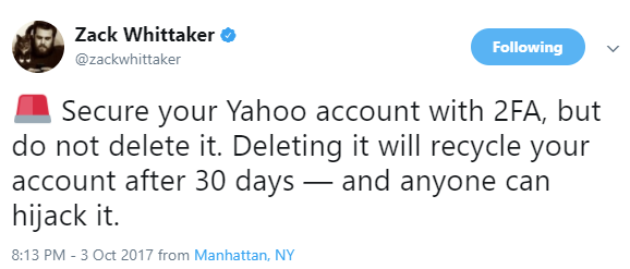 Secure your Yahoo account with 2FA, but do not delete it. Deleting it will recycle your account after 30 days — and anyone can hijack it.