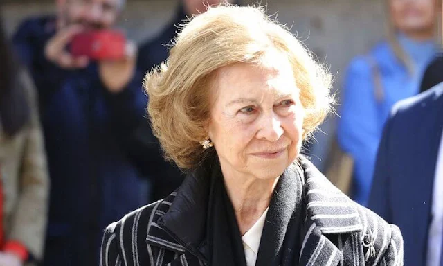 Queen Sofia wore a stripe wool coat at the Basilica of Jesus of Medinaceli in Madrid for the traditional thanksgiving