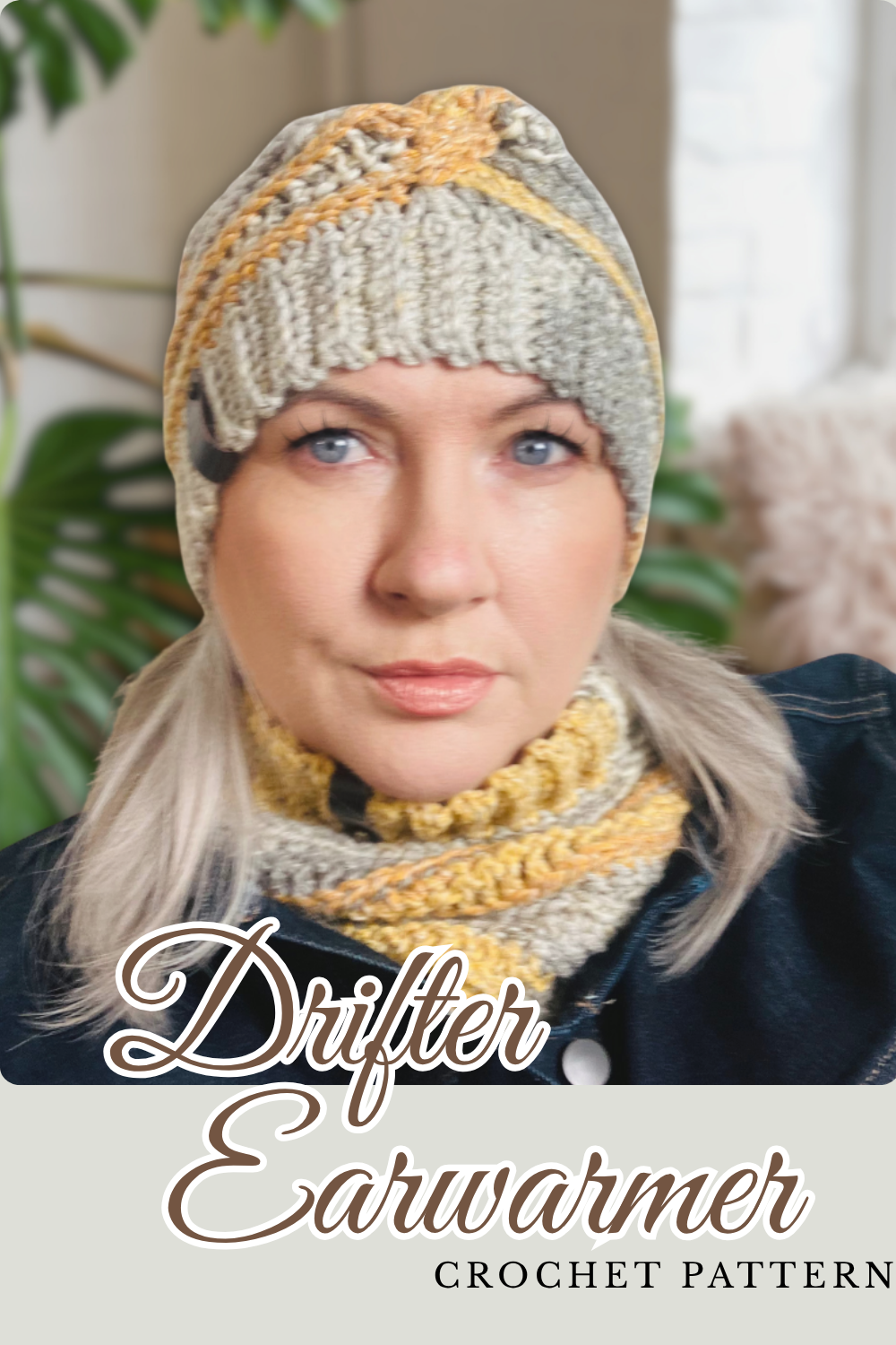 a pinterest pin of a model wearing a crochet twisted headband made with chunky yarn