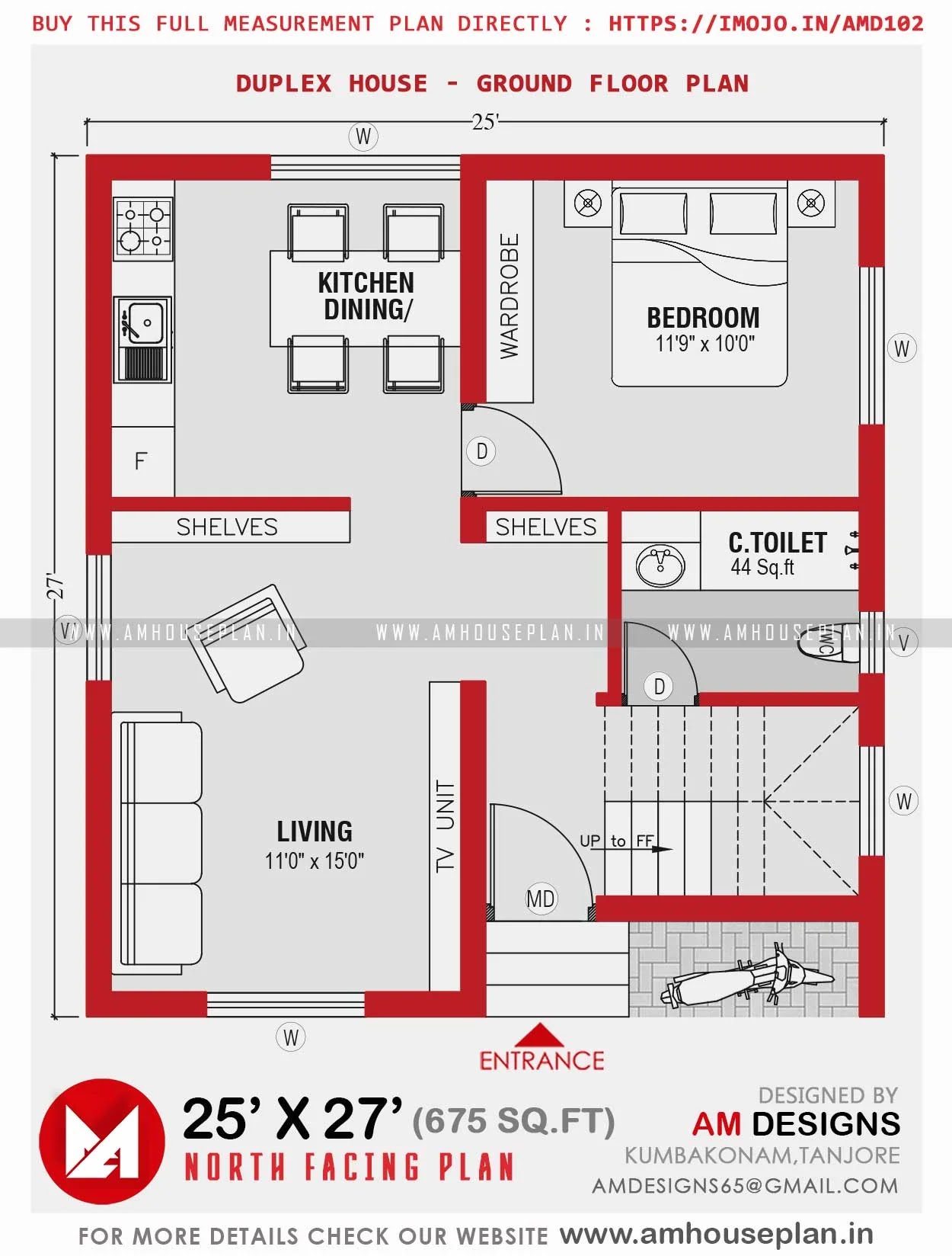 25 x 27 Duplex house floor plan with cost