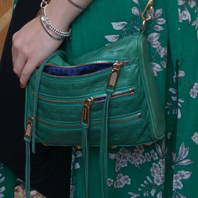 Rebecca Minkoff emerald green mini 5-zip rocker bag with floral duster | awayfromtheblue
