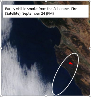 A satellite image of smoke from the fire yesterday. Smoke was light enough to be not very visible to the satellite