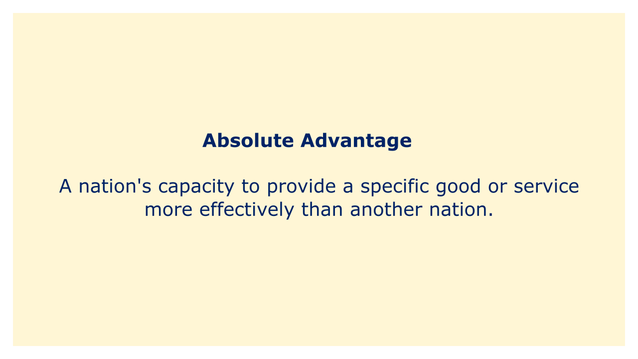 Absolute advantage is a nation's capacity to provide a specific good or service more effectively than another nation.