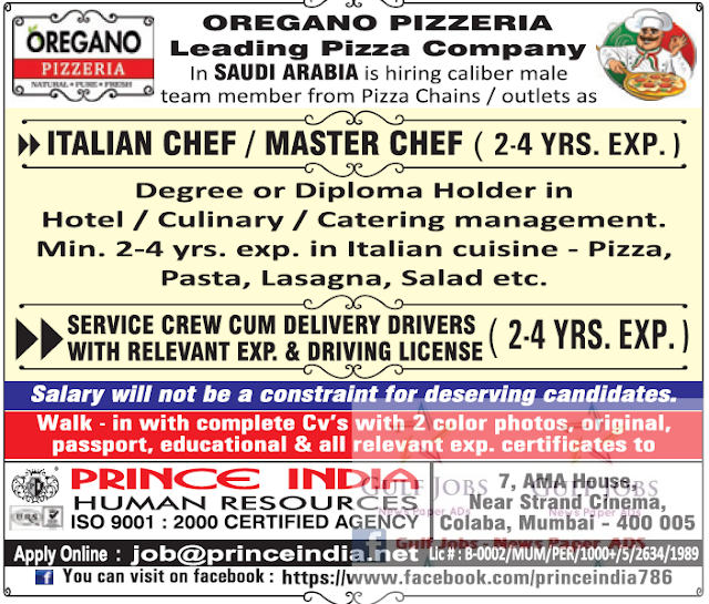 Oregano Pizzeria Job Opportunities for Saudi Arabia