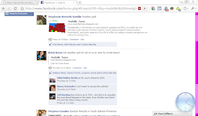 Facebook search showing Noem and Herseth Sandlin campaigns promoting Madville Times post-primary June 2010 poll