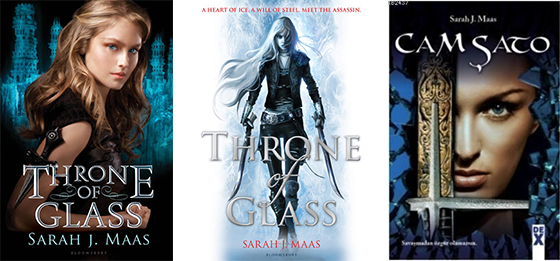 Celaena Sardothien on covers for different editions of Throne of Glass by Sarah J. Maas