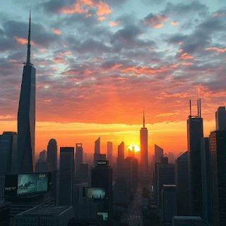 a futuristic city skyline at sunset with legible signboards a futuristic city skyline at sunset with legible signboards