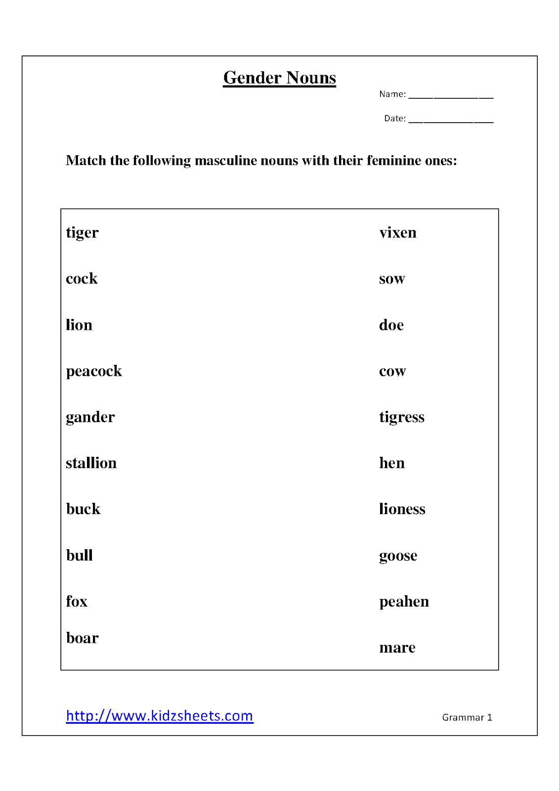 Kidz Worksheets: Gender Nouns Worksheet1 printable worksheets, learning, worksheets for teachers, math worksheets, and education Worksheets Nouns 2 1600 x 1131