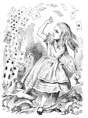 A full-grown Alice is swarmed by cards as the animals scatter