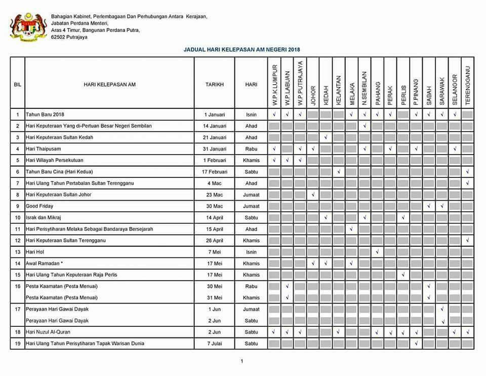 Jadual Pelepasan AM 2018