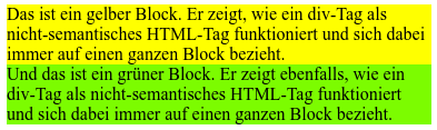 Beispiel eines mittels div-Tags erstellten gelben und grünen Textblocks