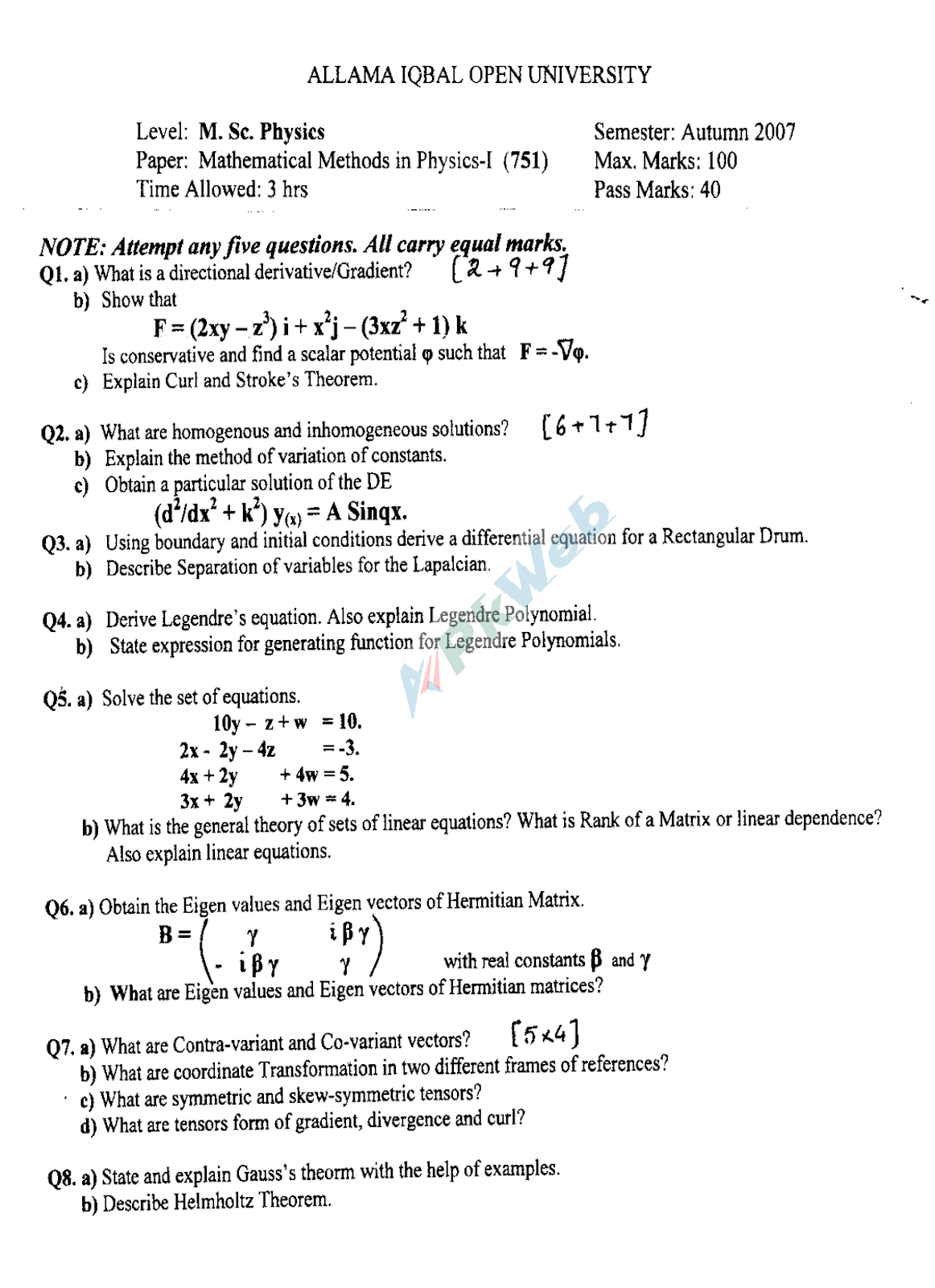 AIOU Bookcode 751 Mathematical Methods in Physics-I Autumn 2007 Post Graduate
