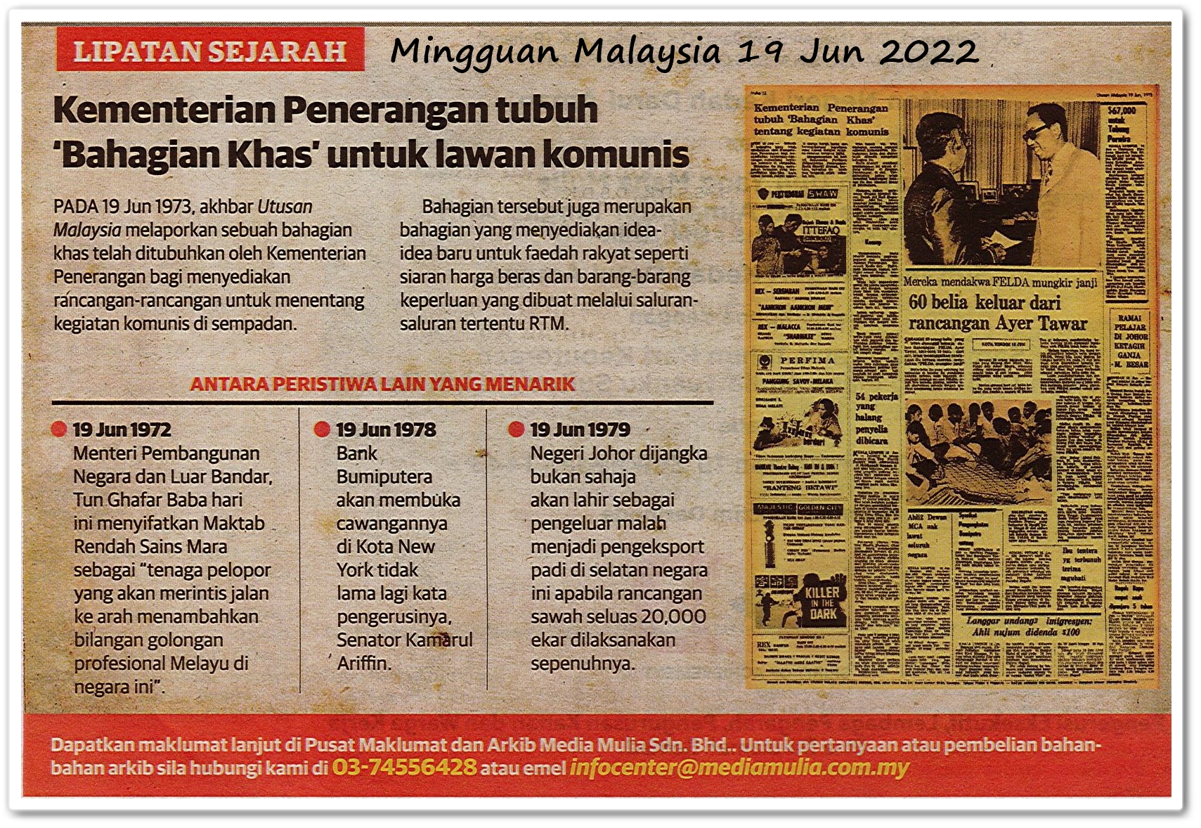 Lipatan sejarah 19 Jun - Keratan akhbar Mingguan Malaysia 19 Jun 2022