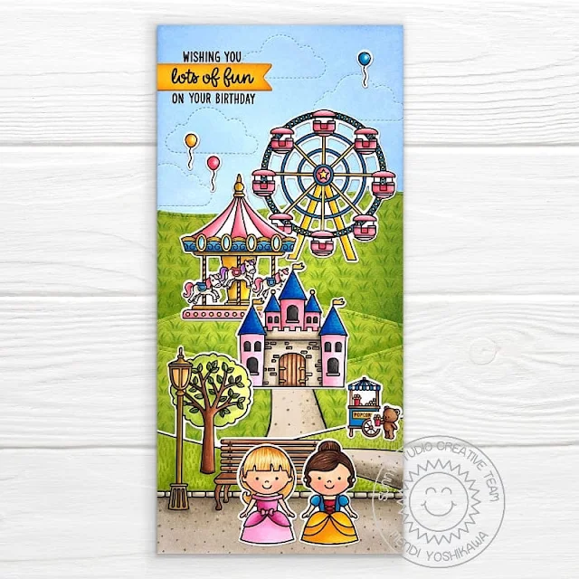 Sunny Studio Disney Inspired Theme Park Girls Princess Birthday Card (using Country Carnival, Enchanted & Spring Scenes Stamps, Spring Fling Paper, Fluffy Cloud & Slimline Nature Border Dies)