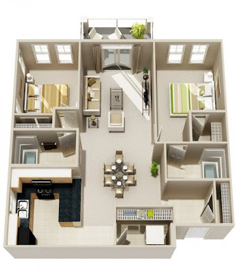 Lawn included in two bedroom 3d floor plans