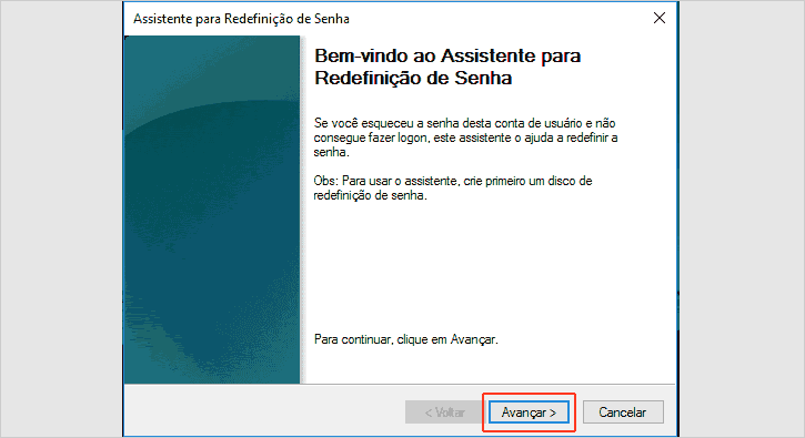 Iniciando o assistente para redefinir senha de usuário no Windows 10