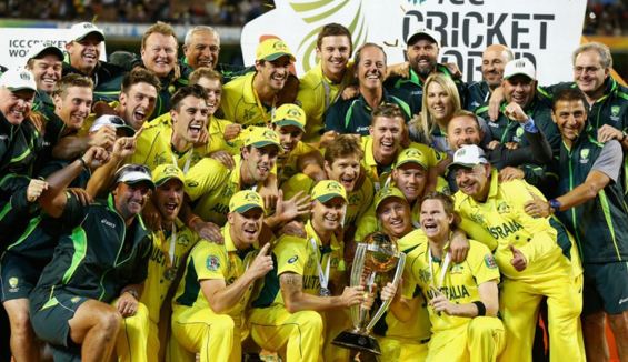 ICC Cricket World Cup 2015 Winner Australia with full squad holding the World cup trophy.