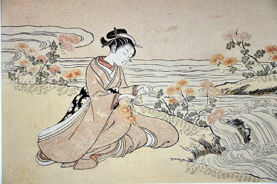 Ukiyo-e. Surimono. Träsnitt. E-goyomi. Harunobu.