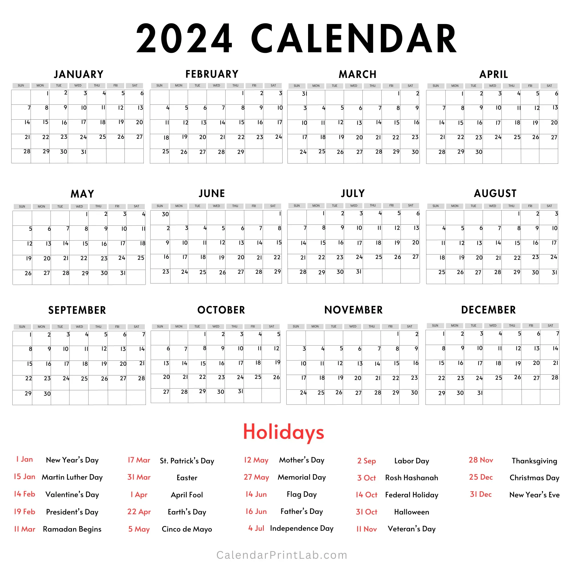 2024 calendar printable with holidays