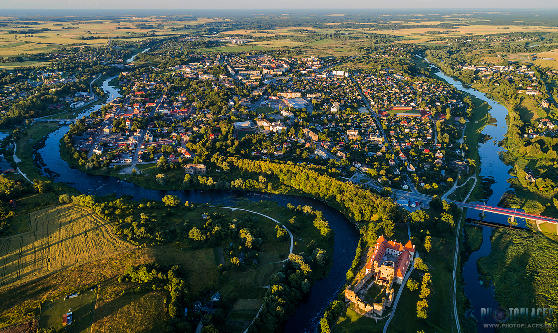 Bauska town aerial view with Bauska castle in forefront