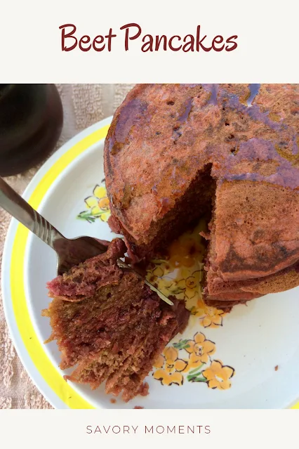 Serving plate of beet pancakes.