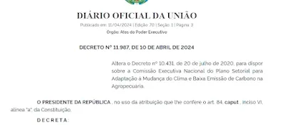 Imagem mostra decreto da Presidência da República sobre criação de comissão de carbono na agropecuária
