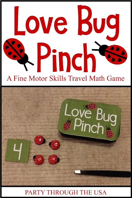 Love Bug Pinch Activity in an Altoid Tin // Party Through the USA // airplane toys // travel toys // DIY travel activities // printables // math // kindergarten