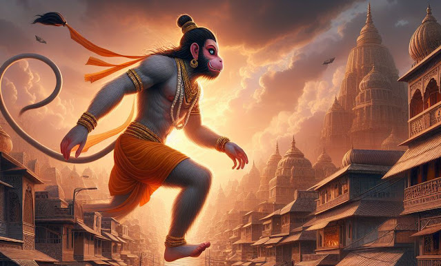 Hanuman jumping from house to house in Lanka
