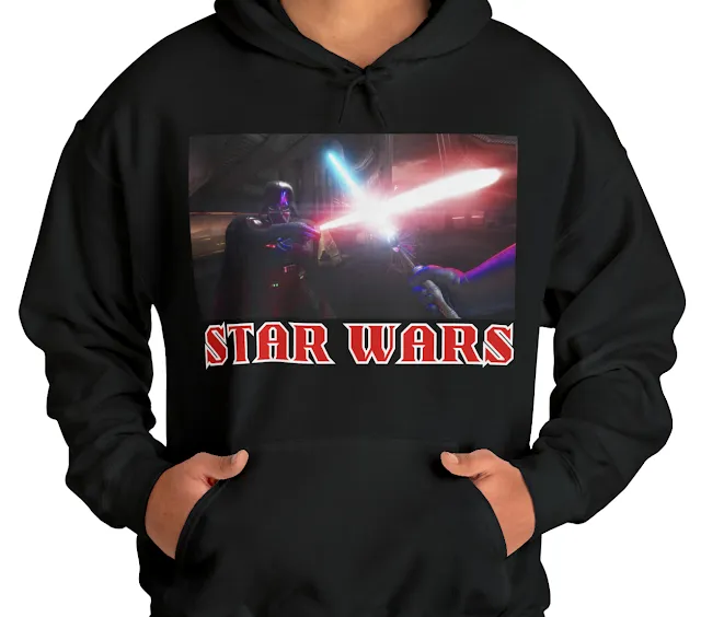 A Hoodie With Star Wars Darth Vader Fighting With His Blade and Text Star Wars