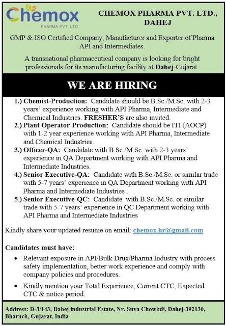 Chemox Pharma Job Vacancy For Production/ QA/ QC Dept