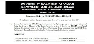 Central Railway Recruitment 2022 21 Sports Person Posts