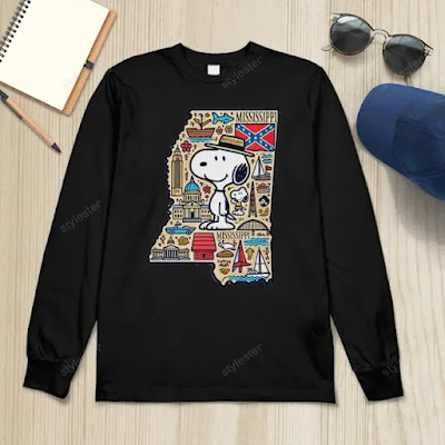 Black T-shirt featuring Mississippi state outline with Snoopy and southern illustrations