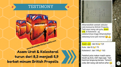 testimoni British Propolis mengobati Asam Urat, Kolsterol