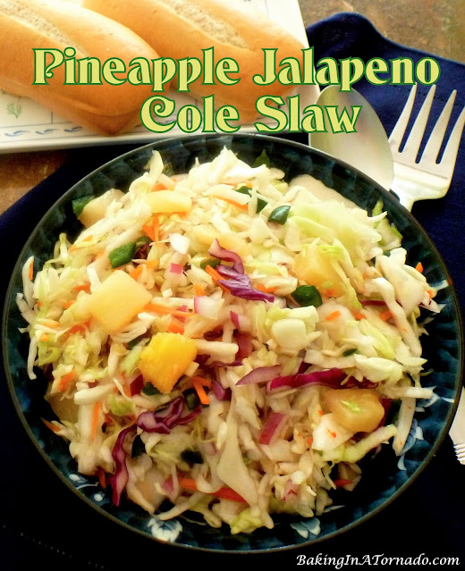 Pineapple Jalapeno Cole Slaw | recipe developed by Karen on www.BakingInATornado.com | #recipe #sidedish