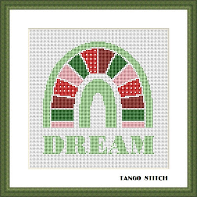 Green DREAM boho rainbow nursery cross stitch pattern
