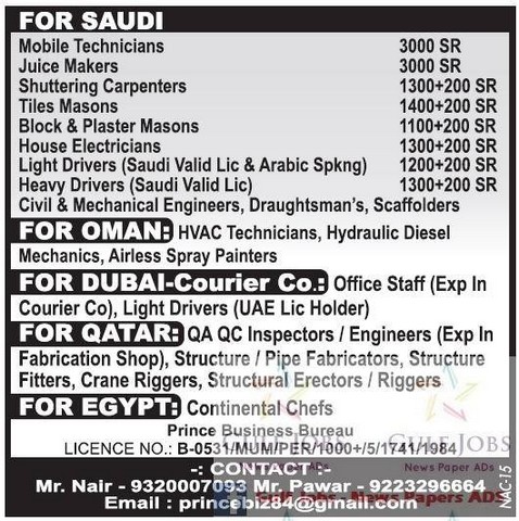 KSA, Oman, Dubai, Qatar & Egypt large job vacancies