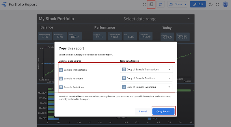 Configure data sources for the stock investment portfolio dashboard in Goolge Data Studio