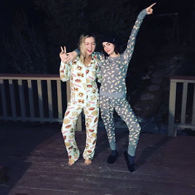 Lucy Hale and best friend Annie Breiter fun printed pajamas