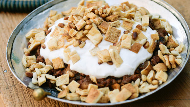 Fatteh al-betenjane (Eggplant Casserole) in a Serving Dish