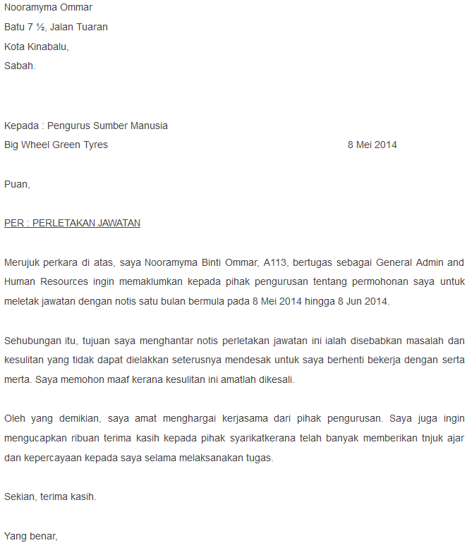 Sample of Surat Berhenti Kerja (Resignation Letter 