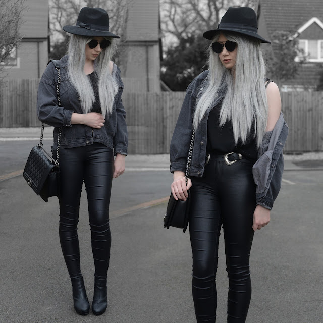 Sammi Jackson - Primark Fedora / Zaful Sunglasses / VIPme Grey Denim Jacket / Choies Double Buckle Belt / Primark Satin Jeans / OASAP Quilted Flap Bag / Office Chunky Boots 