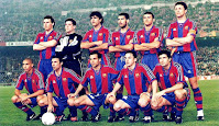 F. C. BARCELONA - Temporada 1996-97 - Blanc, Carlos Busquets, Miguel Ángel Nadal, Guardiola, Luis Enrique y Popescu; Ronaldo, Stoichkov, Sergi, Ferrer y Luis Figo - F. C. BARCELONA 3 (Popescu, Guardiola, Luis Enrique) AIK Solna 1 (Simpson) - 06/03/1997 - Recopa de Europa, cuartos final partido de ida - Barcelona, Nou Camp - El Barcelona empató a 1 en la vuelta y se clasificó para semifinales