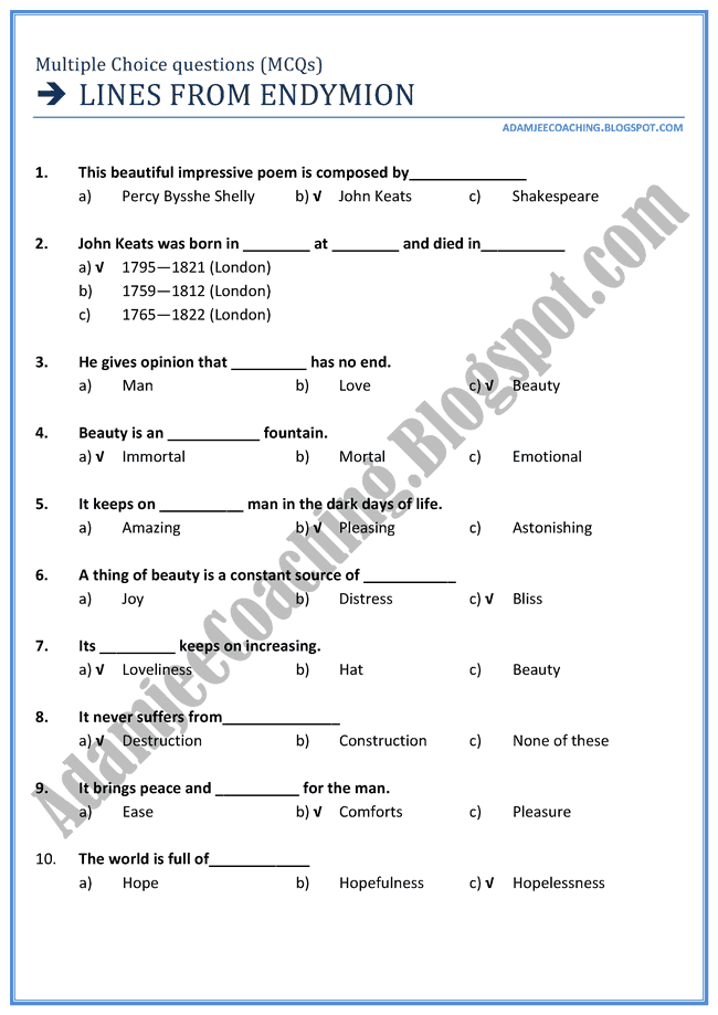 English XII - Lines from Endymion - Mcqs